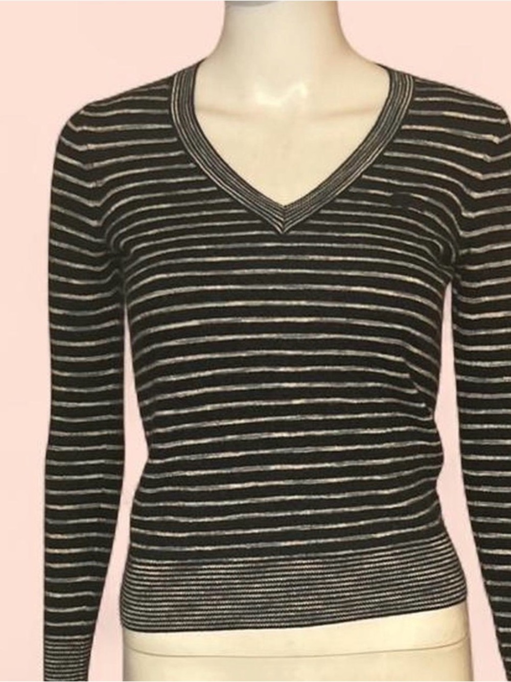 Lacoste Black and Cream Striped V-Neck Sweater